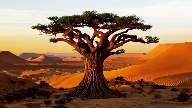 Majestic ancient tree in a sunlit desert landscape, standing tall against golden sand dunes.