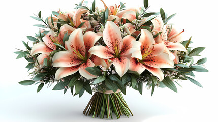 Obraz premium .A graceful bouquet of fresh lilies in soft white and pink tones, with long, elegant stems and lush green leaves.