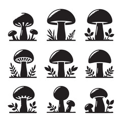 Set of mushroom silhouette on white background