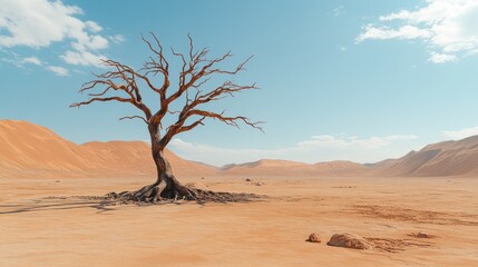 Lifeless tree in a barren desert, emphasizing the environmental and ecological challenges facing the planet.