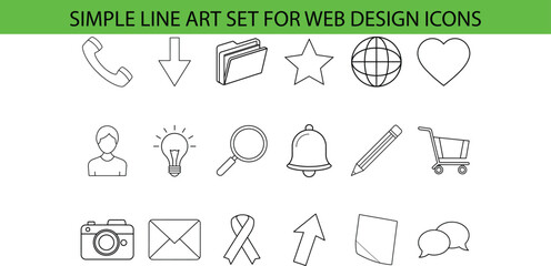 Fototapeta premium A set of 18 simple line art icons for web design, including a phone, arrow, folder, star, globe, heart, user, lightbulb, magnifying glass, bell, pencil, shopping cart, camera, envelope, ribbon, arrow,