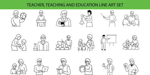Fototapeta premium Set of 18 line art icons depicting teachers instructing students in various subjects, including science, math, and literature. The icons are simple and clean, perfect for educational materials.