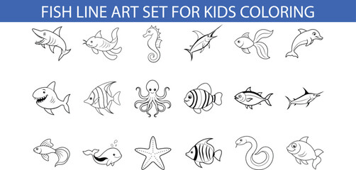 Fototapeta premium Fish Line Art Set for Kids Coloring Book