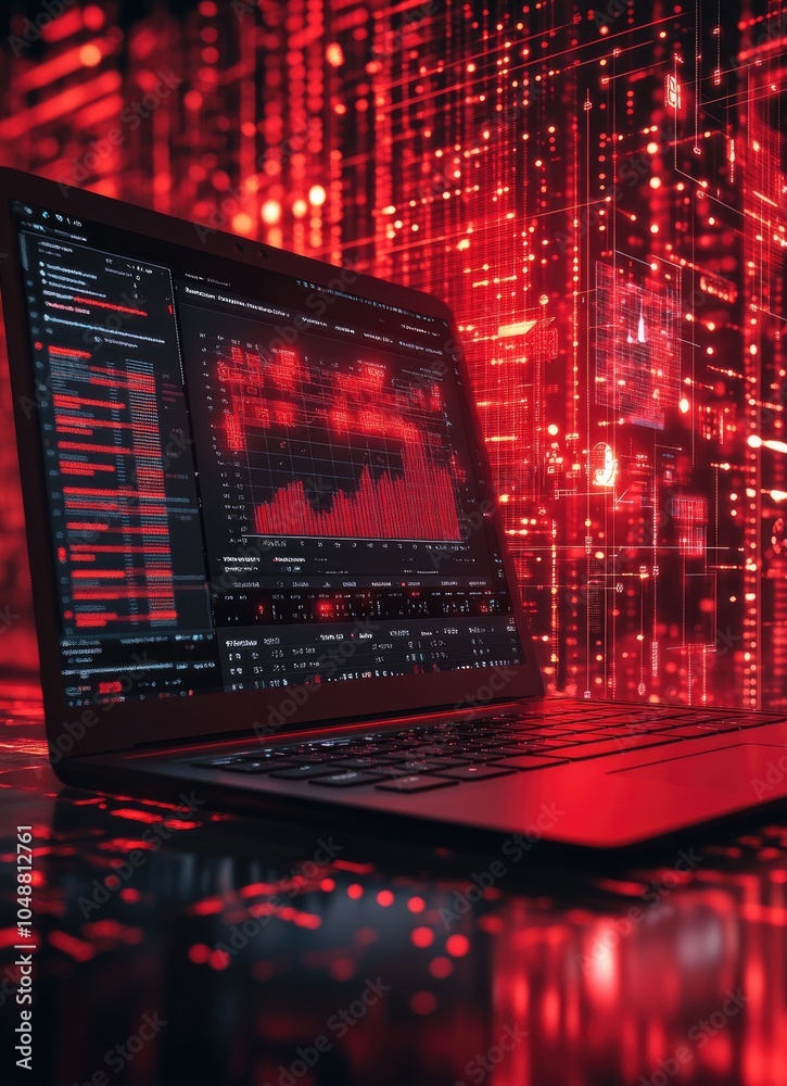 Canvas Prints a laptop with a stock market chart on the screen in front of a red digital background.