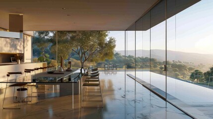 Fototapeta premium Modern Dining Room with Expansive Mountain Views Through Floor-to-Ceiling Windows