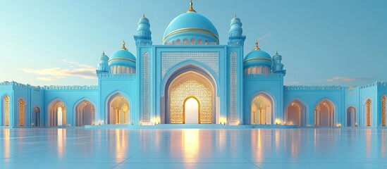 A majestic blue mosque with golden accents and a large open doorway. The courtyard is empty and reflective, suggesting peace and tranquility.
