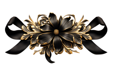 Elegant ribbon featuring a gothic floral design with deep black petals and subtle hints of gold, isolated on a white background
