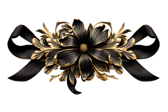 Elegant ribbon featuring a gothic floral design with deep black petals and subtle hints of gold, isolated on a white background
