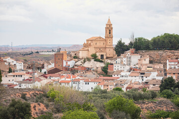 a view of Hijar with the church of Santa Maria La Mayor in the center, comarca of Bajo Martin,...