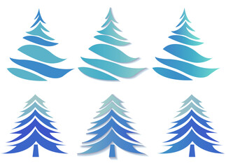 The image showcases artistic Christmas trees in varying blue shades on a clean background. It represents a festive concept. Vector illustration