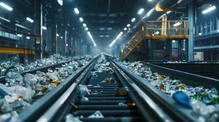Fototapeta premium Conveyor Belt Sorting Plastic Waste in a Recycling Facility
