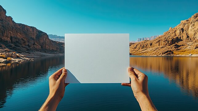 Blank white card held up in front of a picturesque mountain lake with blue sky. - Powered by Adobe