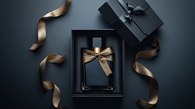 Black perfume bottle with gold ribbon in a black gift box on a dark background.