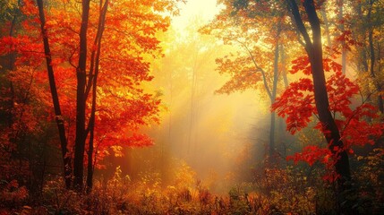 A misty autumn forest with vibrant red and orange leaves, sunbeams illuminating the scene.