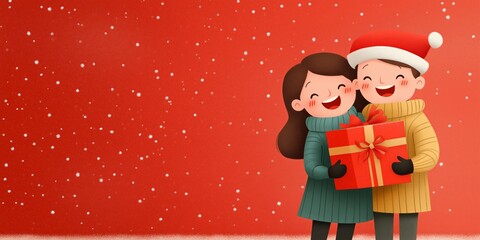 Joyful illustration of a smiling couple holding a gift box on a snowy red background. Perfect for holiday and Christmas themes.