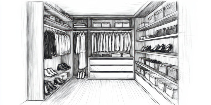 Modern walk in closet sketch with organized clothing and shoes on display