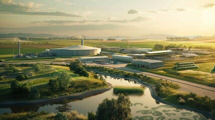 Modern Industrial Facility with Surrounding Landscape at Sunset