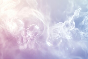 Abstract scene of floating bubbles in soft light with delicate bokeh effects, wisps of smoke and trails of colored light, ethereal and atmospheric 