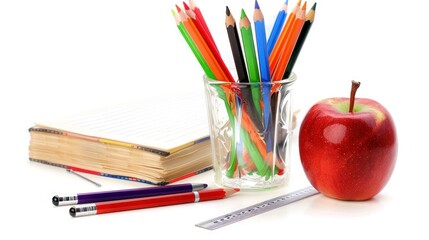 School supplies on a white background with pencils, an apple, and a ruler