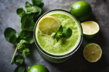 Above view of a green smoothie made of lemon and avocado