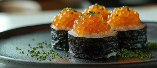 Close-up of four sushi rolls topped with orange caviar and garnished with green onions on a black plate.