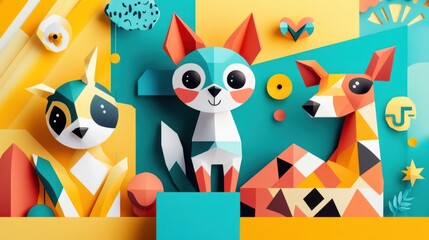 Fototapeta premium Cute animals in geometric shapes with vibrant color blocks, creating a playful artistic layout.