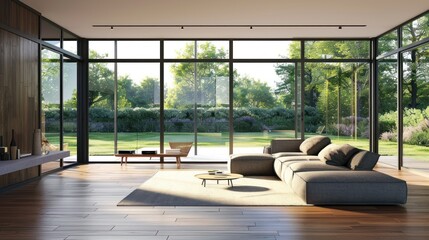 Modern Living Room with Large Windows Overlooking a Lush Green Garden