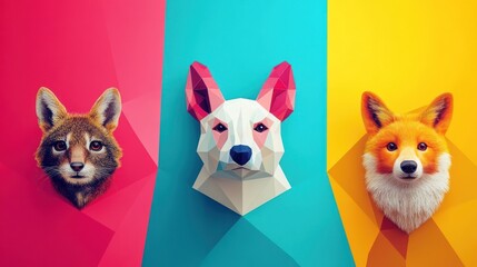 Fototapeta premium Cute animals in geometric shapes with vibrant color blocks, creating a playful artistic layout.
