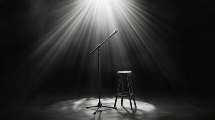 Minimalist comedy stage with a microphone stand and stool, highlighted by bright reflector rays against a dark, high-contrast background