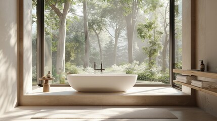 Fototapeta premium Modern Bathroom with Freestanding Tub and Forest View