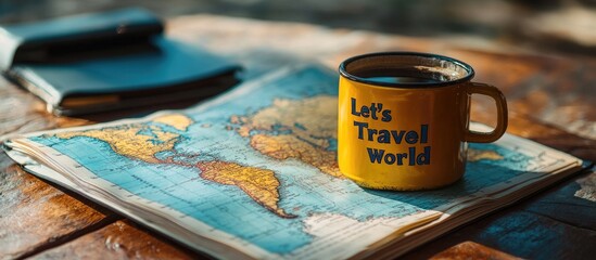 A yellow mug with "Let's Travel World" written on it sits on a world map.