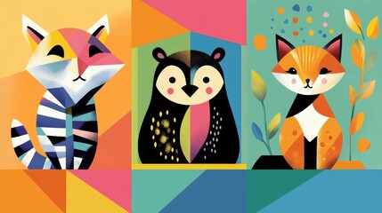Fototapeta premium Cute animal art in geometric boxes, with abstract patterns and bright, modern color blocks.