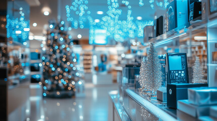 Winter discounts on a variety of electronics offered at a well-decorated store during the holiday season