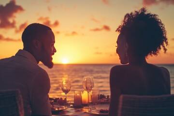 Black couple on a romantic getaway, enjoying a sunset view and a candlelit dinner, relaxed and intimate, beautiful scenic backdrop