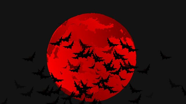 Animation of bats flying and large red blood moon in the night