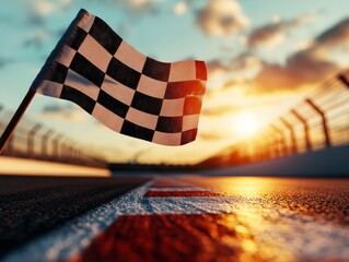Close-up of a checkered flag waving at the finish line of a racetrack during a vibrant sunset, symbolizing victory and competition.
