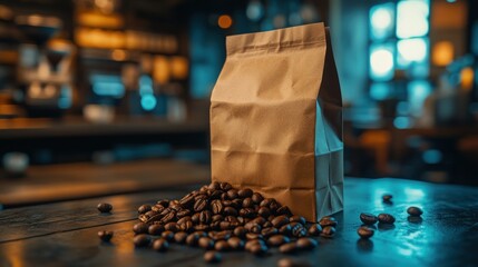A brown paper bag filled with coffee beans on a wooden table in a cozy caf&eacute; setting.