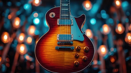 Obraz premium A red electric guitar with a sunburst finish, in focus, against a background of out-of-focus blue and amber lights.