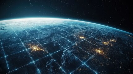 Earth from space with a glowing grid overlay, showcasing modern global communication networks.