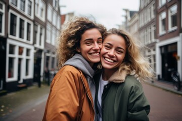 Obraz premium Close up of a lesbian couple taking selfie while walking in city