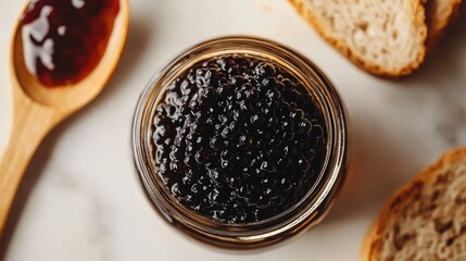 Close up overhead view of a jar of black caviar with a wooden spoon, red sauce and two pieces of bread.