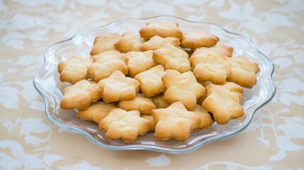 A plate of freshly baked star-shaped cookies, perfect for a holiday gathering or afternoon snack.