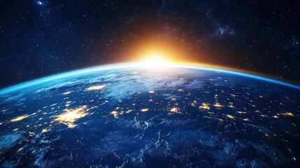 Fototapeta premium Earth glowing with city lights, rendered in 3D from space, showing the vibrancy of urban areas.