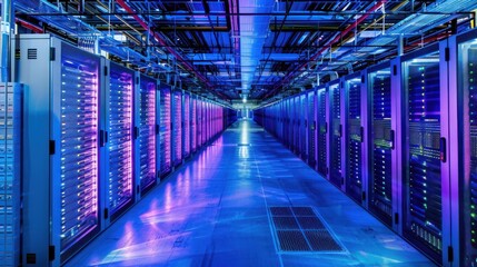 A Long Row of Illuminated Server Racks in a Data Center