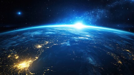 Fototapeta premium Earth night view from space, highlighting the glowing city lights and the curvature of the planet.