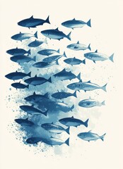 Obraz premium A school of blue fish swimming in a watercolor effect.