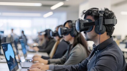 Man in VR Headset Using Laptop While Sitting in a Row of People