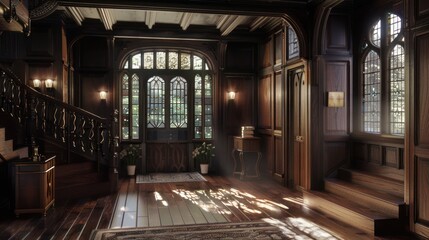 Fototapeta premium A sunlit, wood-paneled hallway with a grand staircase and stained-glass windows