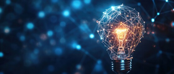 A glowing light bulb made of interconnected lines and nodes, representing innovation and technology.