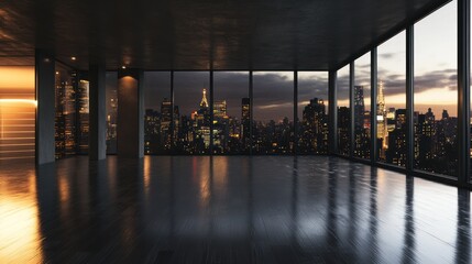 Fototapeta premium Empty floor overlooking the city lights at night, creating a peaceful cityscape view.
